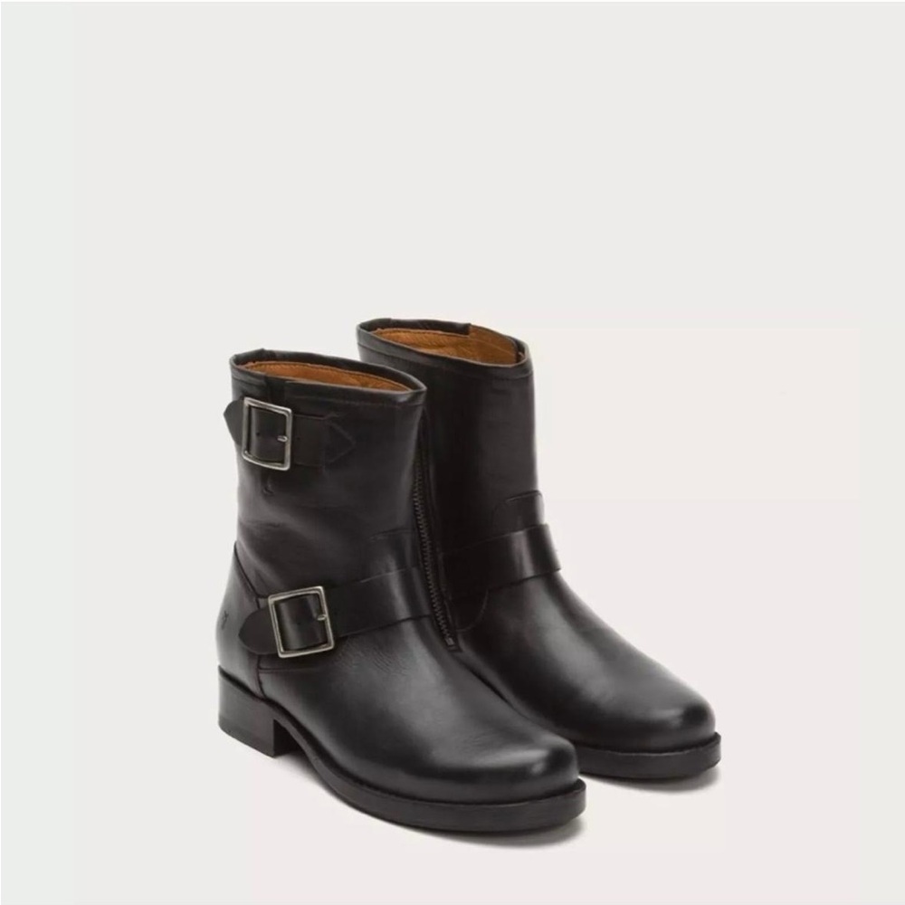 Frye Black Leather Buckle Booties